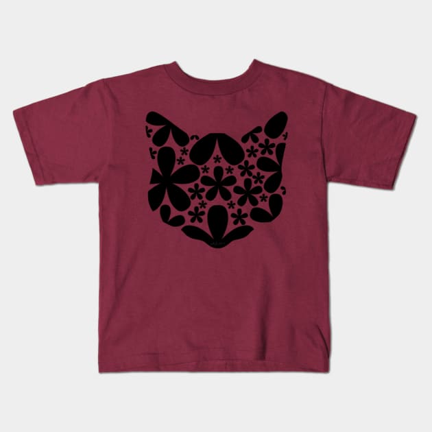 Black Floral Cat (dark) Kids T-Shirt by Not Meow Designs 